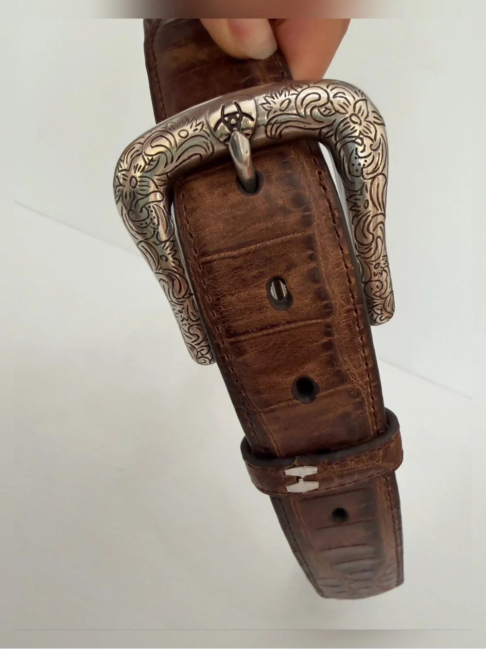 Ariat Men's Genuine Brown Leather Belt with Silver Buckle - 42